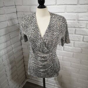 Talbots Petites Ladies Size Large Black White & Tan Animal Print Top